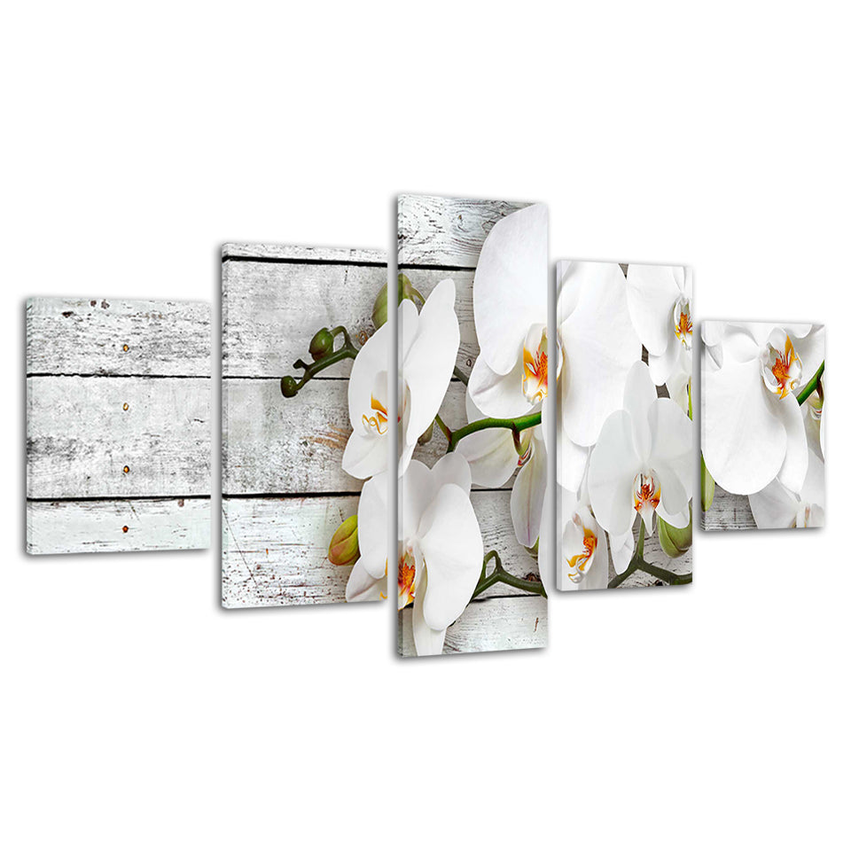White Wood And Orchids 5 Piece - Canvas Wall Art Painting | Bowlift