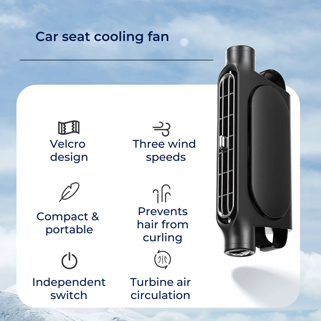 CoolDrive | USB Car Seat Cooling Fan – Adjustable 3‑Speed – Quiet USB‑Powered – Velcro Headrest Clip for Drivers Passengers Pets Bowlift