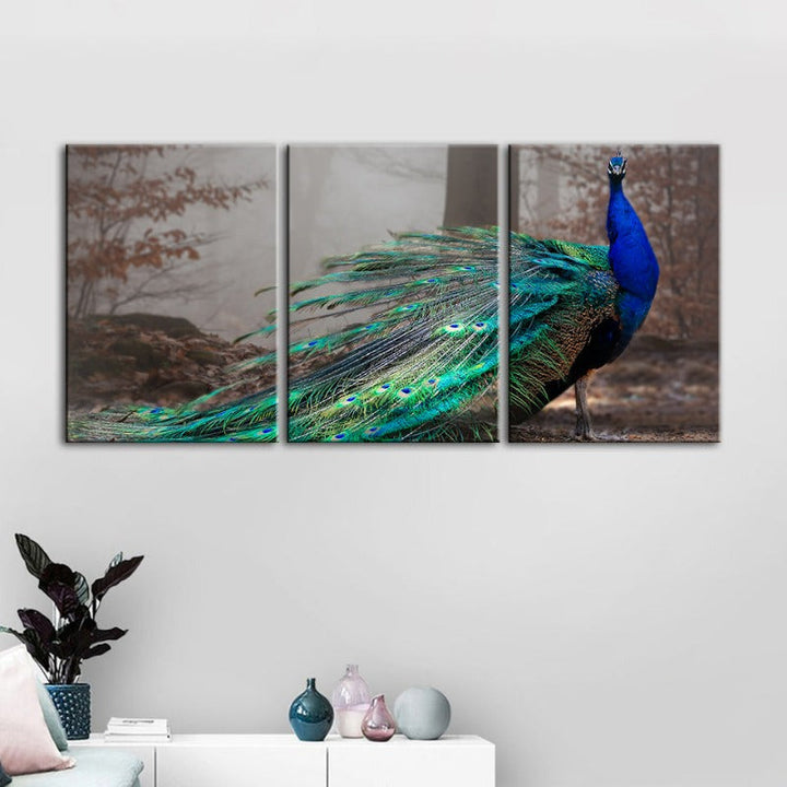 Vivid Peacock By The Pond-Canvas Wall Art Painting 3 Pieces | Bowlift