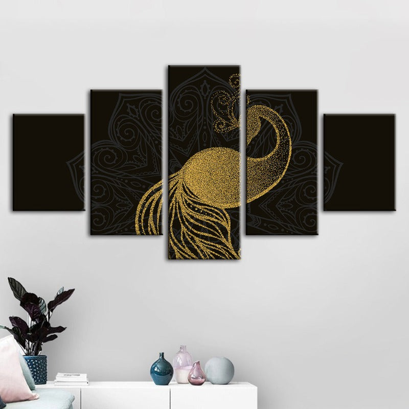 5 Piece Abstract Golden Mandala Peacock - Canvas Wall Art Painting | Bowlift