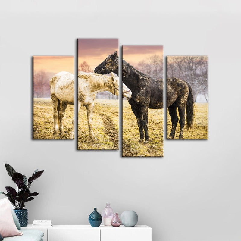 4 Piece Black & White Horses - Canvas Wall Art Painting | Bowlift