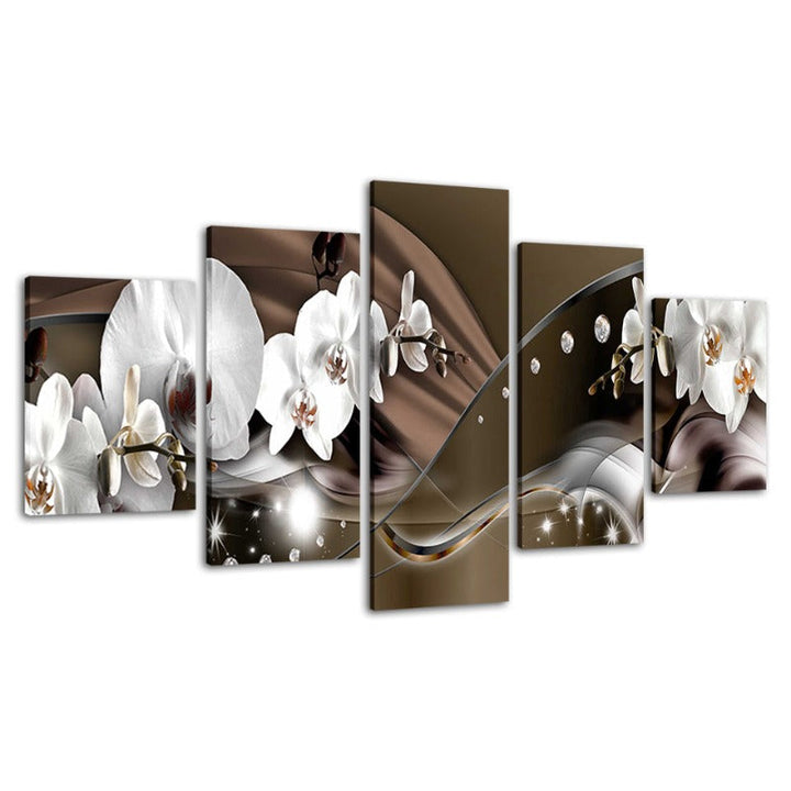 5 Piece Brown Metallic Background White Flower - Canvas Wall Art Painting | Bowlift