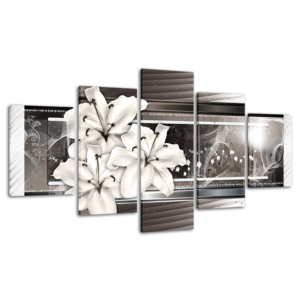 Grayscale White Lilies 5 Piece - Canvas Wall Art Painting | Bowlift