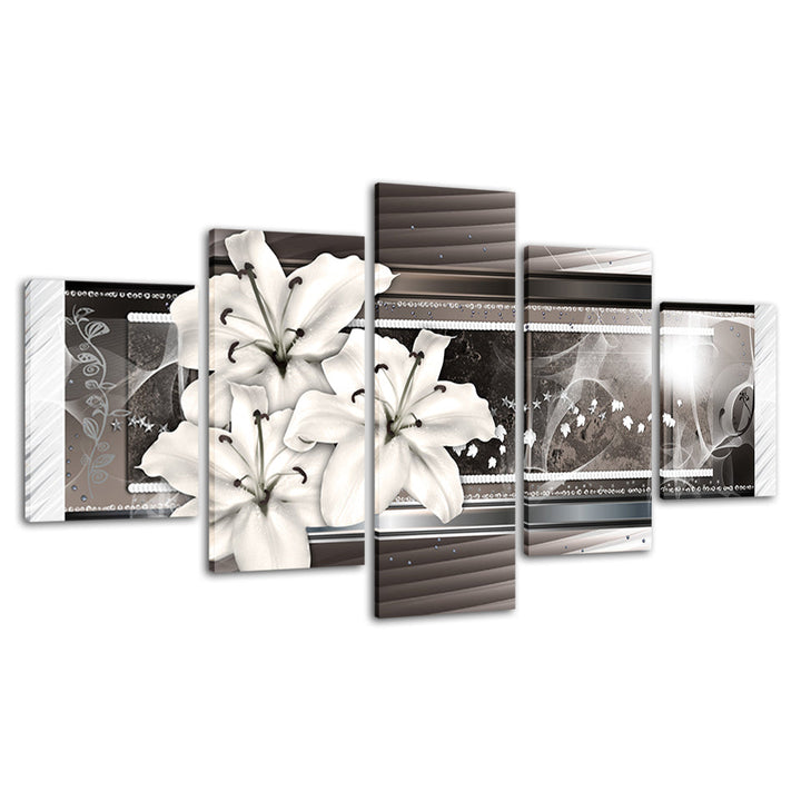 Grayscale White Lilies 5 Piece - Canvas Wall Art Painting | Bowlift