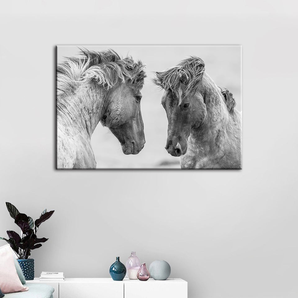 Two White Horses - Canvas Wall Art Painting | Bowlift