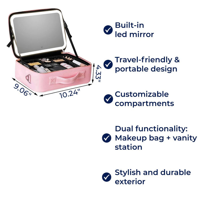 GlamOrganize | Makeup & Toiletry Bag - Cosmetic Organiser - LED Mirror - Compact Storage for Makeup and Skincare - Travel-Friendly Bowlift
