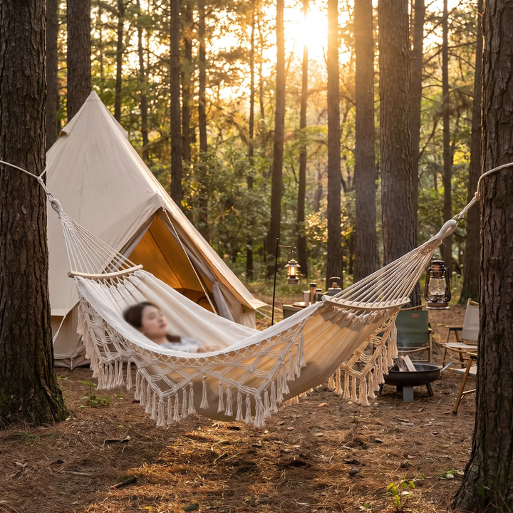 BowLift | 200x150cm Double Outdoor Camping Fringe Canvas Hammock with Pole (White)