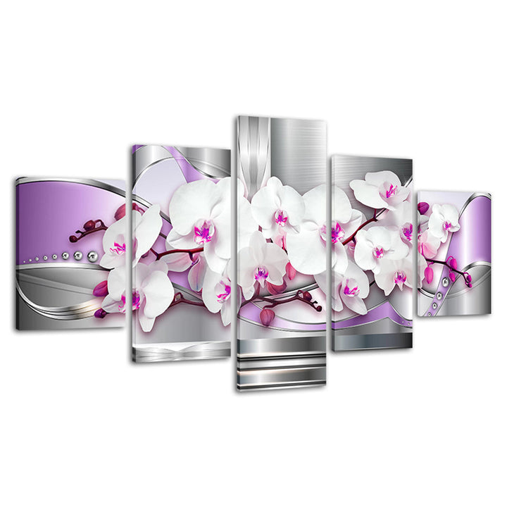 Metallic White And Purple Orchids 5 Piece - Canvas Wall Art Painting | Bowlift