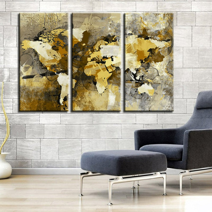 Beautiful Abstract Yellow Brown World Map-Canvas Wall Art Painting 3 Pieces | Bowlift