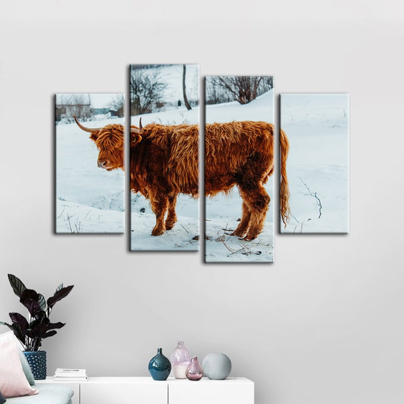 4 Piece Curly Haired Cow - Canvas Wall Art Painting | Bowlift