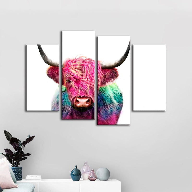 4 Piece Colorful Pink Cow - Canvas Wall Art Painting | Bowlift