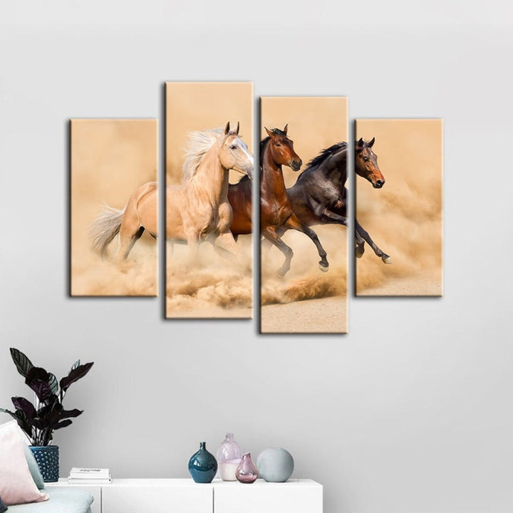 4 Piece Three Running Horses in Desert - Canvas Wall Art Painting | Bowlift