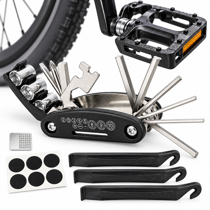 Compact Bicycle Repair Multi-Tool Kit with Foldable Hex Keys Screwdrivers Socket Wrenches Tire Levers and Patch Kit Bowlift