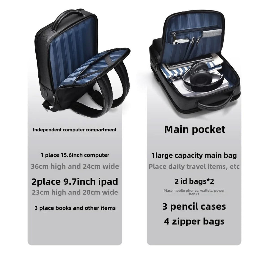 BowLift | Elegant leather rucksack for men/women with USB port for laptop and everyday use, 15.6 inch, black