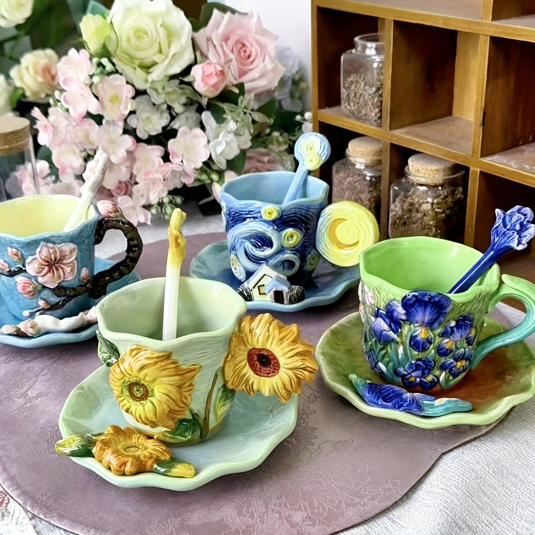 ArtSip Ceramic Cup & Saucer Set – Hand-painted 3D Design inspired by Van Gogh | Bowlift