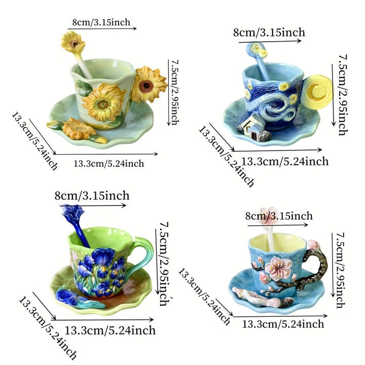 BowLift | ArtSip Ceramic Cup & Saucer Set – Hand-painted 3D Design inspired by Van Gogh
