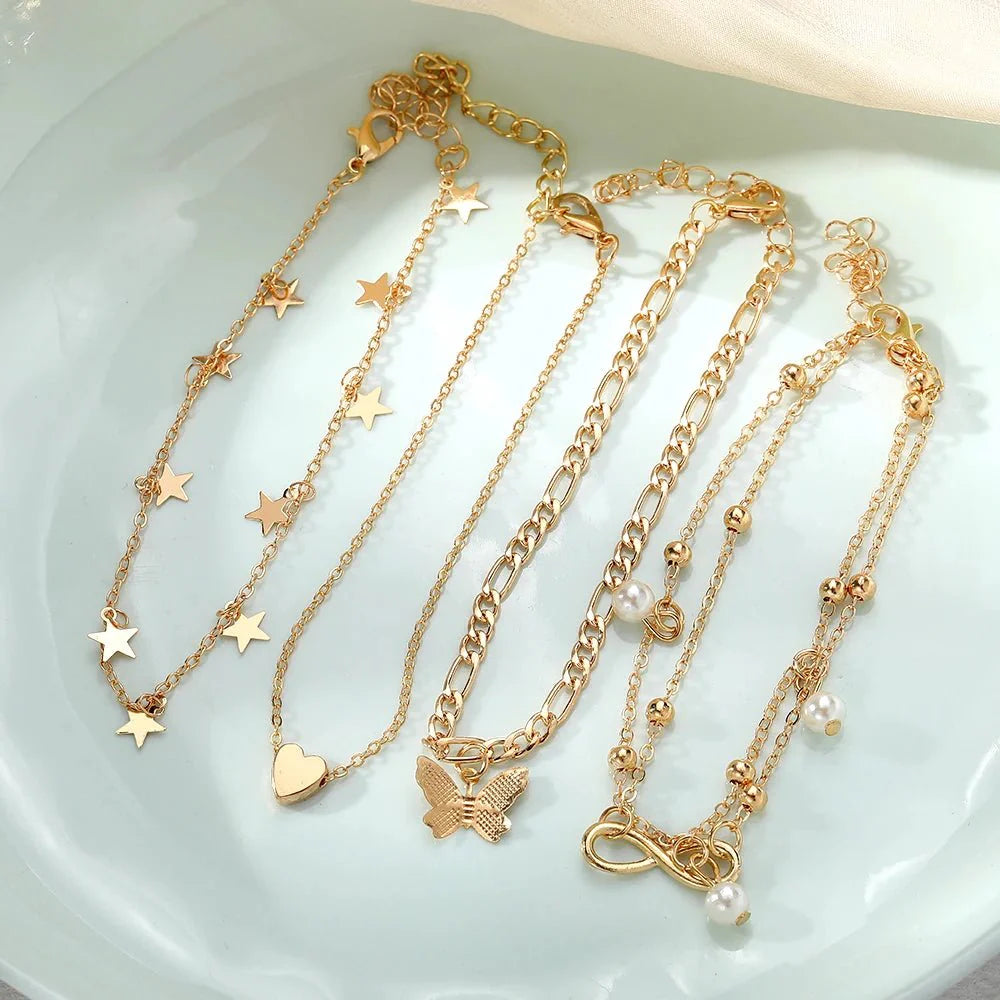 BowLift | 5pcs Dainty Feminine Anklet Set (Stars, Heart, Butterfly, Infinity, Pearls)
