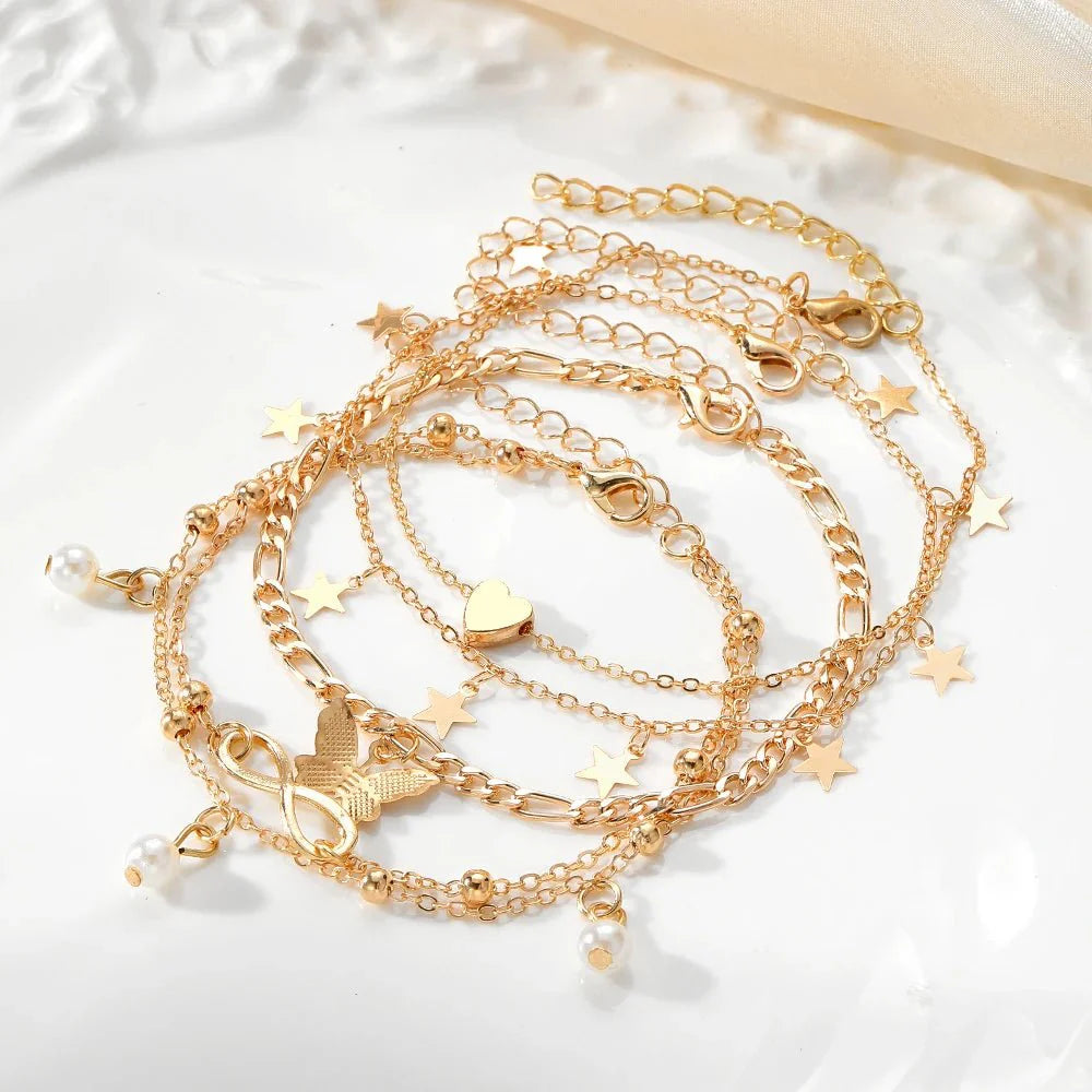 BowLift | 5pcs Dainty Feminine Anklet Set (Stars, Heart, Butterfly, Infinity, Pearls)