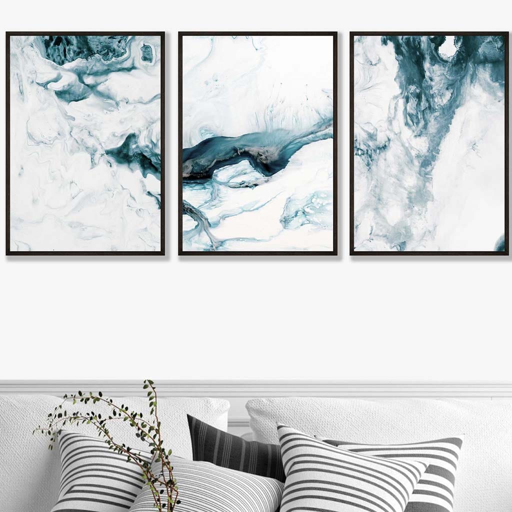 Abstract Turquoise and White Set of 3 Wall Art Prints | Bowlift