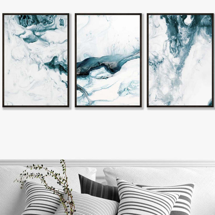 Abstract Turquoise and White Set of 3 Wall Art Prints | Bowlift