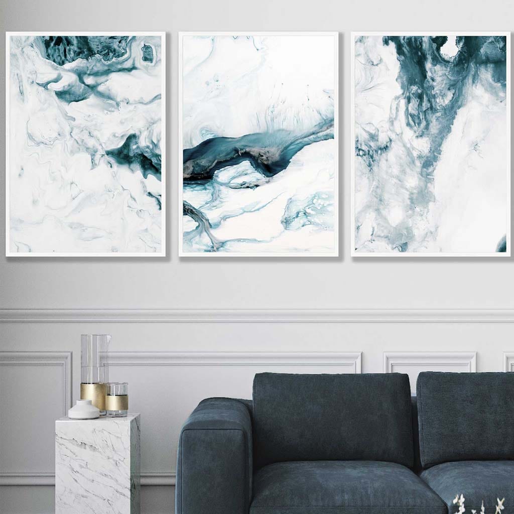 Abstract Turquoise and White Set of 3 Wall Art Prints | Bowlift