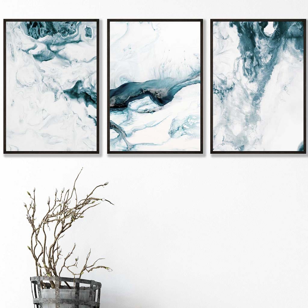 Abstract Turquoise and White Set of 3 Wall Art Prints | Bowlift