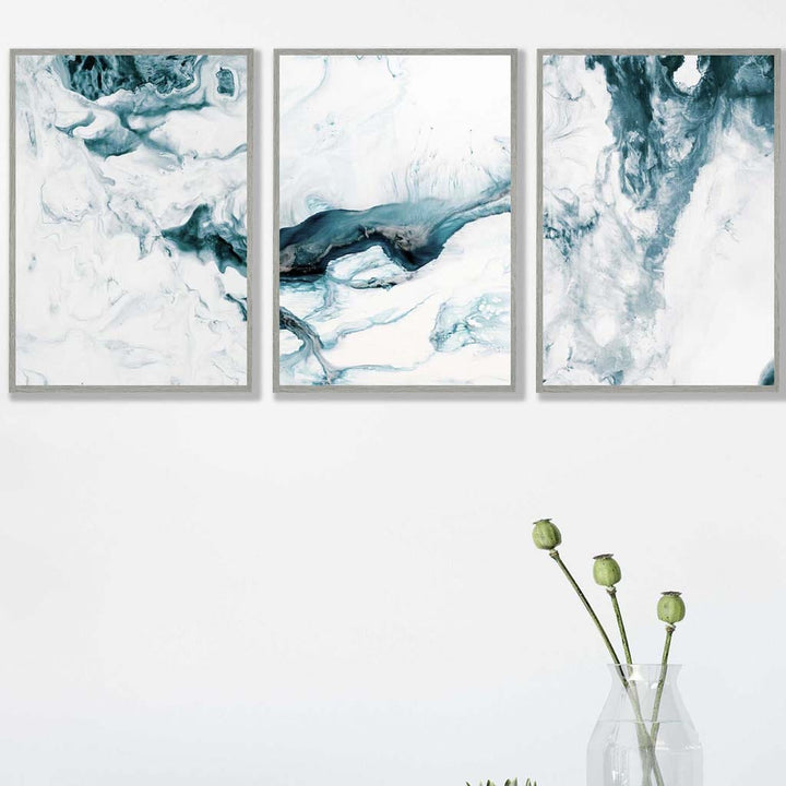 Abstract Turquoise and White Set of 3 Wall Art Prints | Bowlift