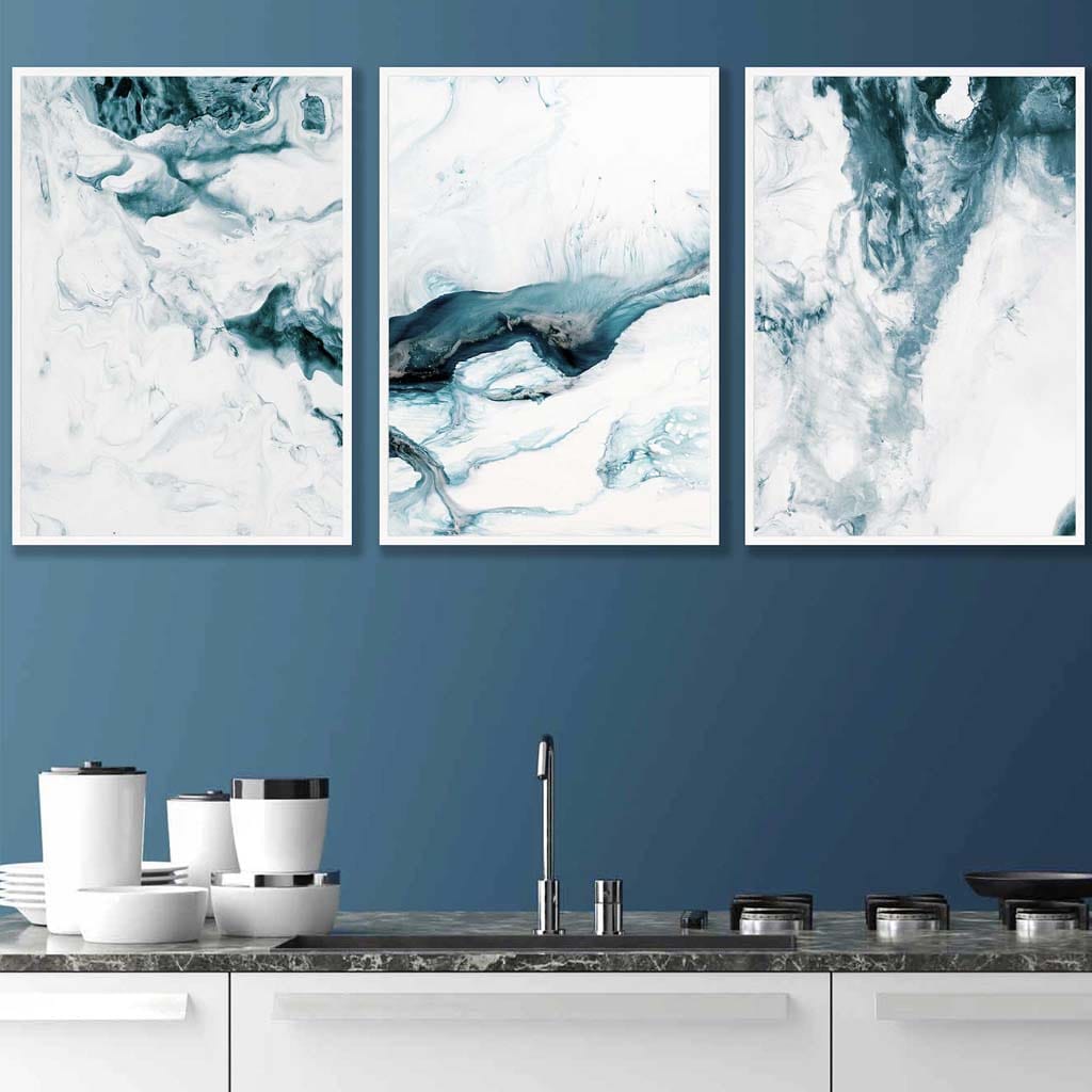 Abstract Turquoise and White Set of 3 Wall Art Prints | Bowlift