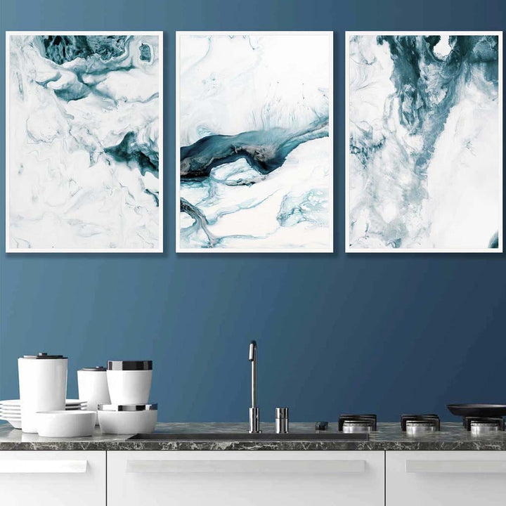 Abstract Turquoise and White Set of 3 Wall Art Prints | Bowlift