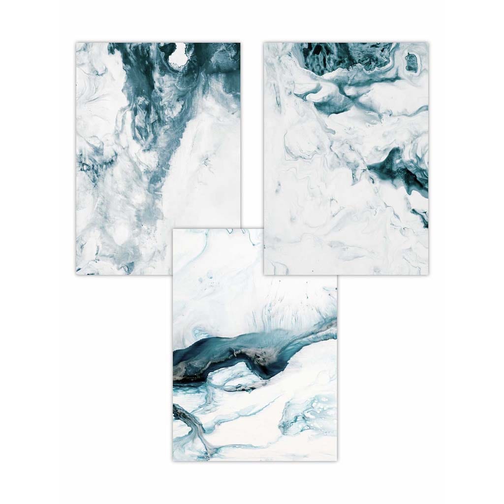 Abstract Turquoise and White Set of 3 Wall Art Prints | Bowlift