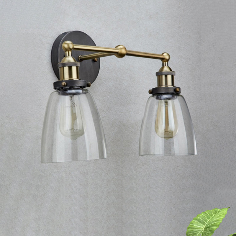 BowLift | 2 Light Tapered Sconce Lighting Fixture Industrial Antique Brass Clear Glass Wall Lamp