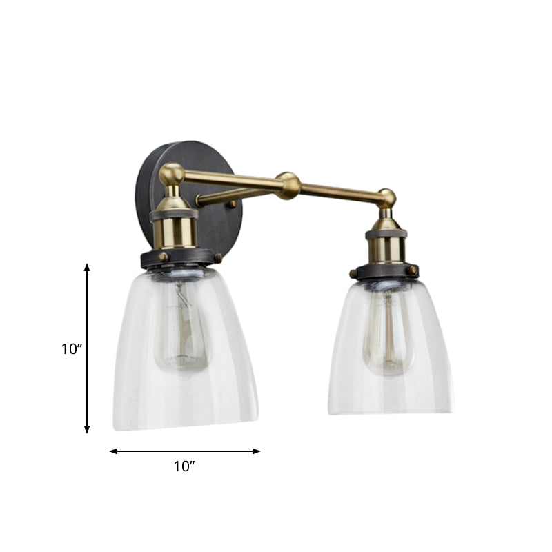 BowLift | 2 Light Tapered Sconce Lighting Fixture Industrial Antique Brass Clear Glass Wall Lamp