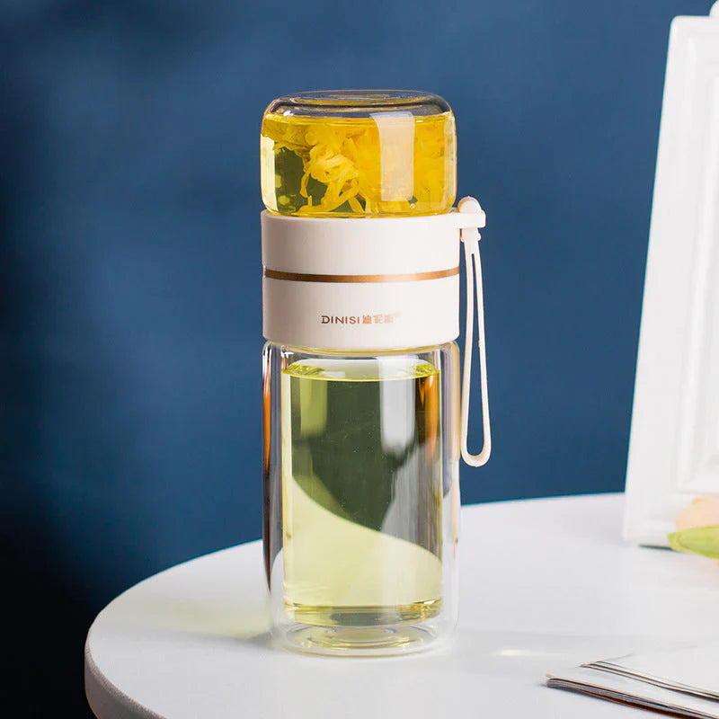 BowLift | Double-walled glass bottle with tea strainer and infuser