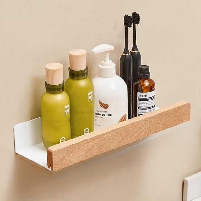 BowLift | Solid Wood Bathroom Shelf – No-Drill Wall-Mounted Organiser Rack