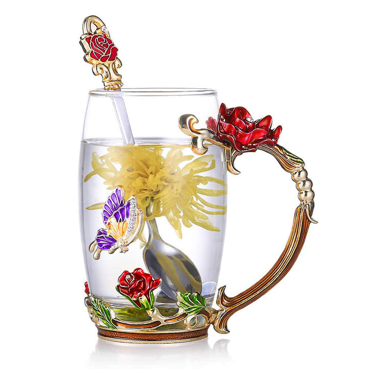 Enamel Rose Glass Tea Cup Set (With Spoon) | Bowlift