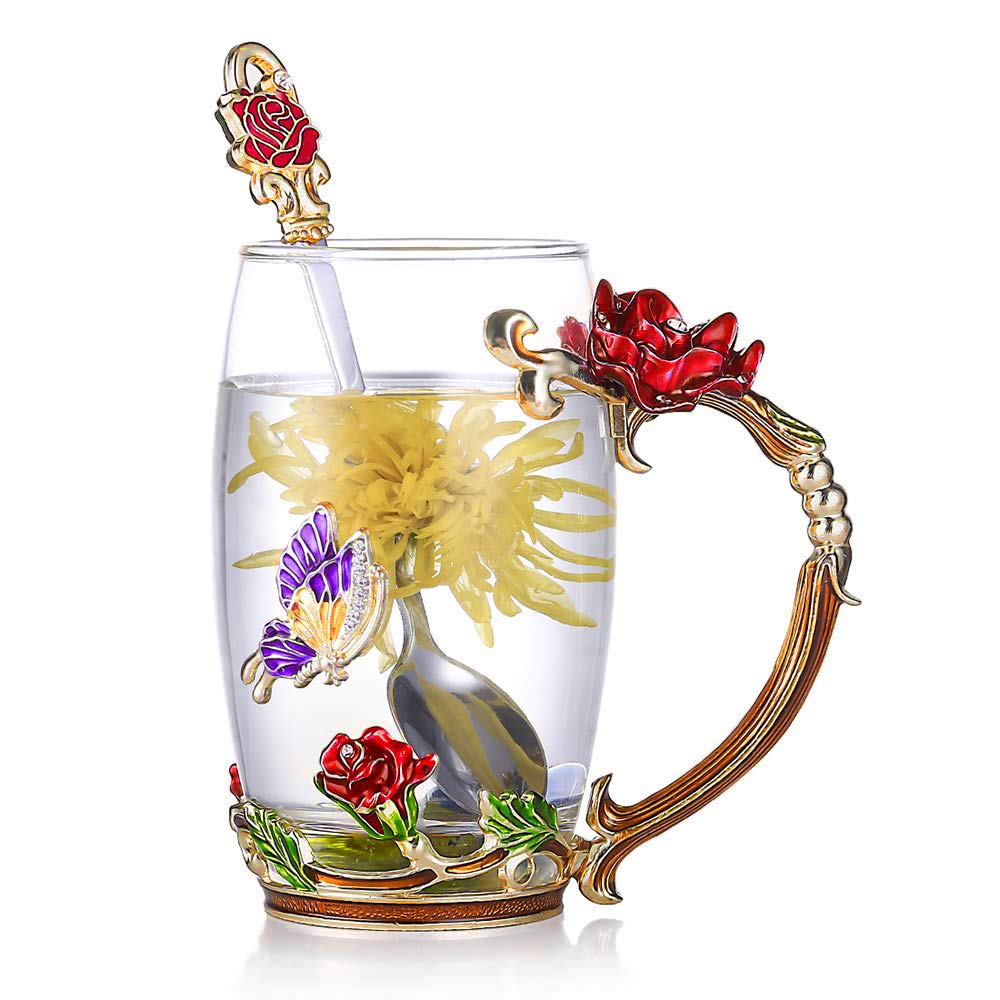 BowLift | Enamel Rose Glass Tea Cup Set (With Spoon)