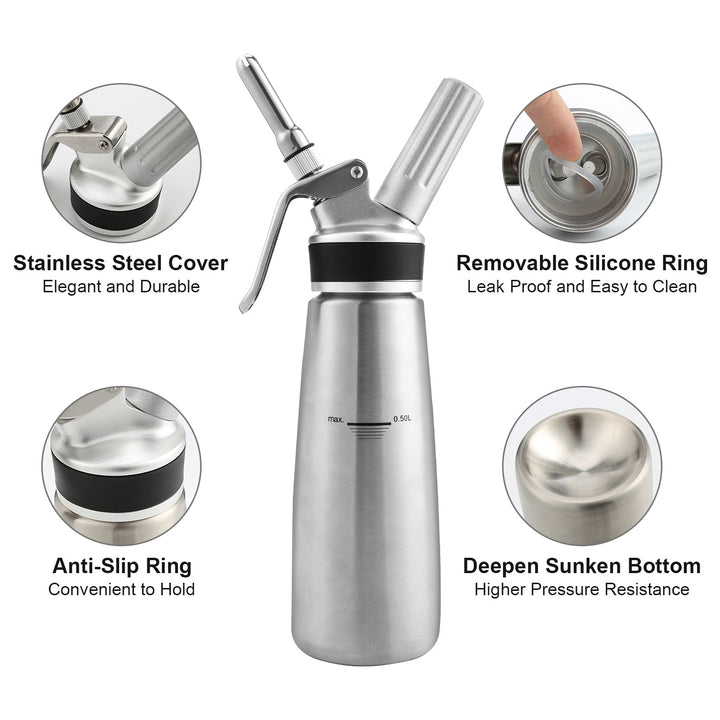 Sahne dispenser stainless steel with 3 nozzles 500ml | Bowlift