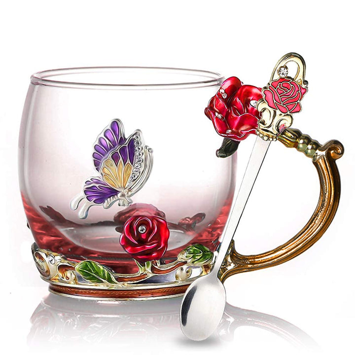 Enamel Rose Glass Tea Cup Set (With Spoon) | Bowlift