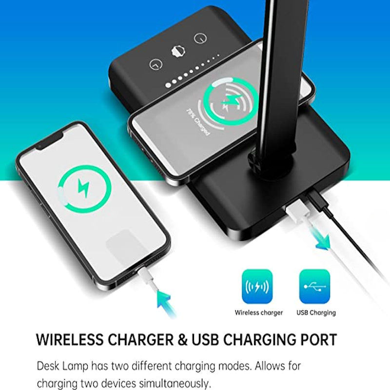 BowLift | LED desk lamp with USB charging port, dimmable eye-friendly reading lamp for home, with 5 brightness levels & 3 light modes, touch control, auto timer (Black)