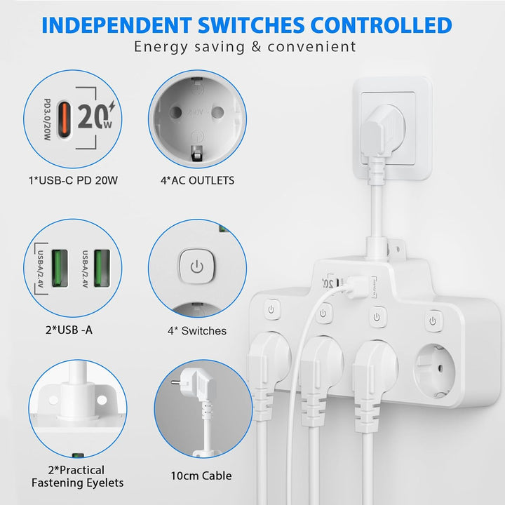 BowLift | Swivel Wall-Mounted Power Strip with Independent Switches – 3 Outlets + 2 USB-A + 1 USB-C Ports