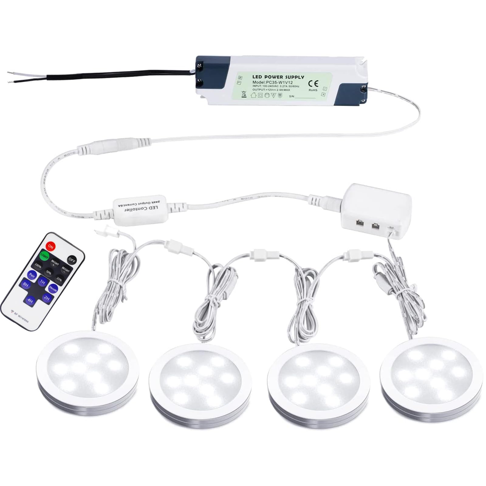 BowLift | Aiboo linkable LED under cabinet light hardwired 12V slim aluminum dimmable puck light with remote control for illuminating cabinets (4 lights, daylight white, without wall adapter)