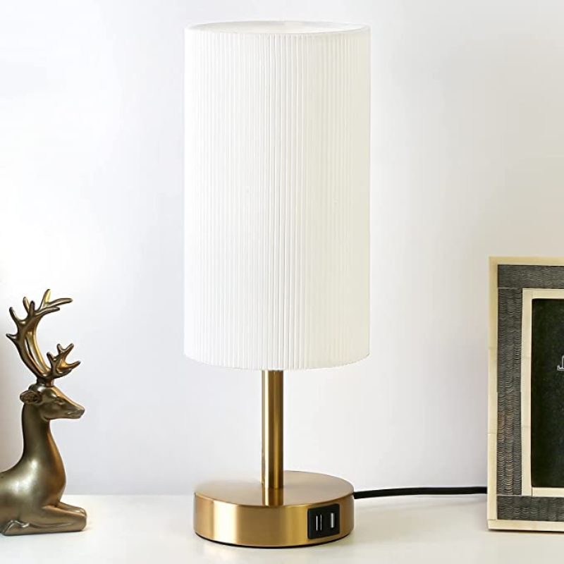 BowLift | Lamp with USB connection Touch-Control Table Lamp for Bedroom Wood 3-stage dimmable Bedside Lamp with Round Linen Fabric Shade for Living Room, Student Dorm, Home Office