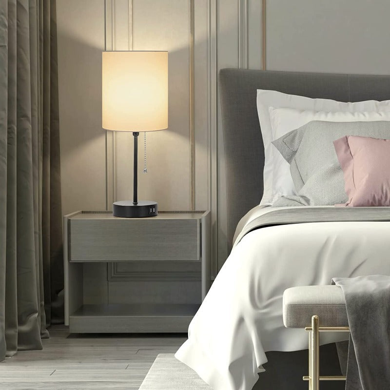 BowLift | Table lamp set of 2 with USB charging ports, gray bedside lamps with AC outlet, bedside lamps with pull switch, minimalist modern desk lamps with fabric shade for living room bedroom office