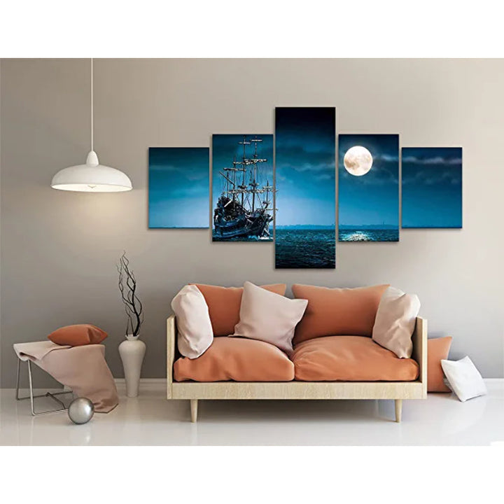 5 Pieces Full Moon Night Pirate Ship Sailing Painting | Bowlift