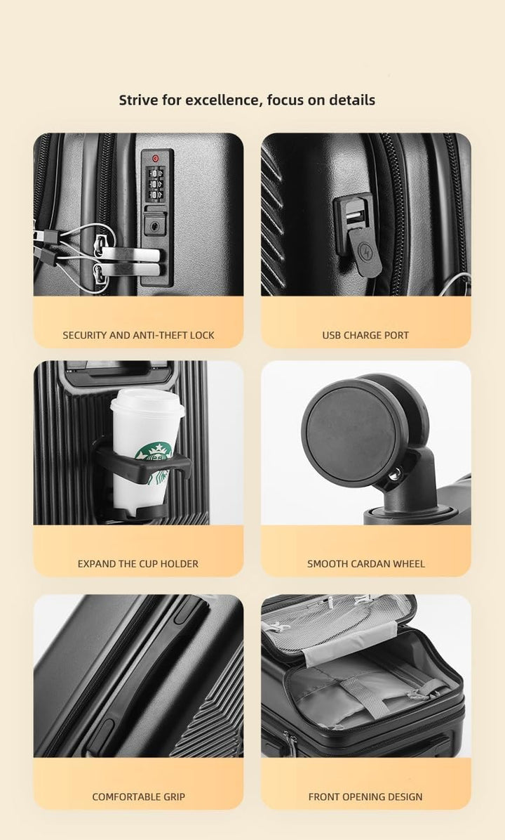 Hard Shell Carry-On with Cup Holder, USB Port & TSA Lock | Bowlift