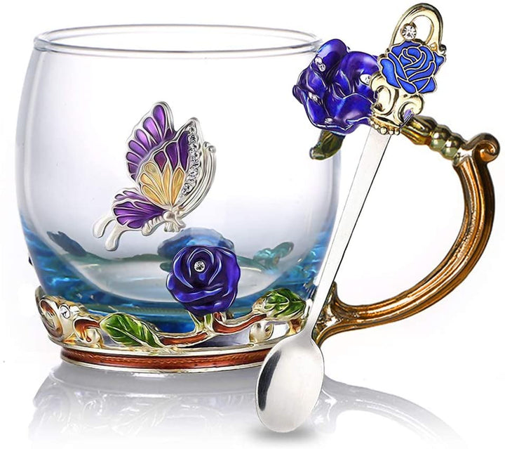 Enamel Rose Glass Tea Cup Set (With Spoon) | Bowlift