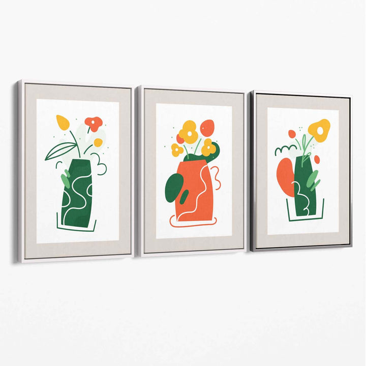 Boho Minimal Floral Green Orange Set of 3 Canvas Art Prints | Bowlift