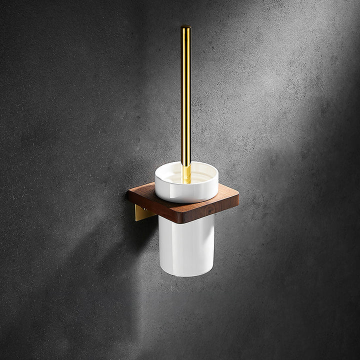 BowLift | Polished Brass Bathroom Hardware Set Metal & Wood Bathroom Set with Bath Shelf/Towel Bar
