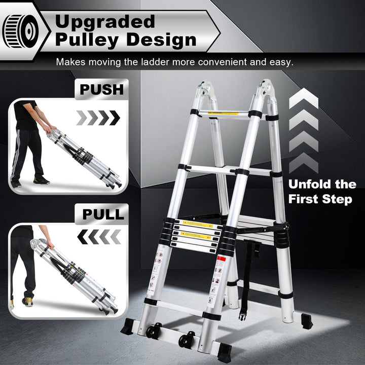 5M Aluminum Telescopic Ladder Folding Ladder with Wheels and Triangle Stabilizer | Bowlift