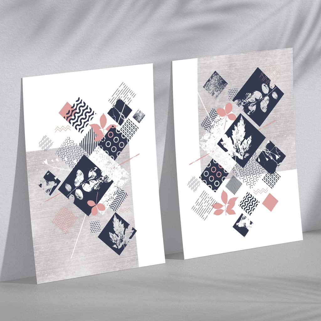 Blue, pink and gray mixed media floral 2-piece set art prints | Bowlift